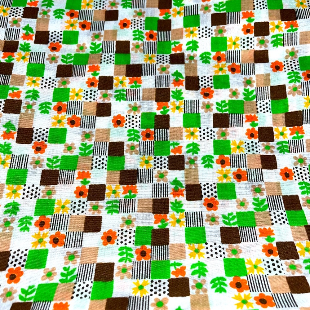 Vtg 70's Cotton Retro Fabric Orange Brown Green Yellow White Uncut 45”X 108” 3yd